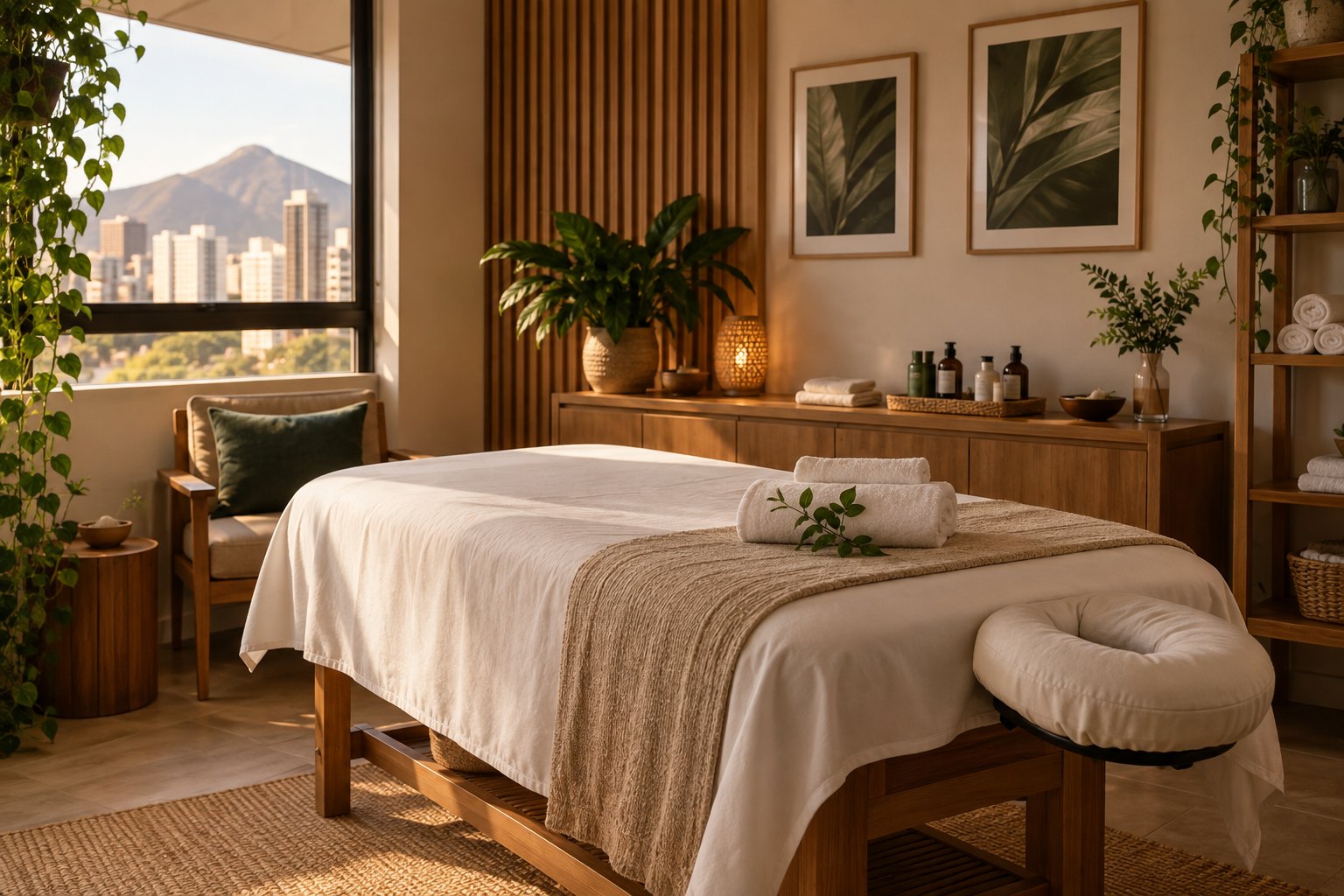 Sala preparada para atendimento de massagem no Oásis Corporal em Belo Horizonte