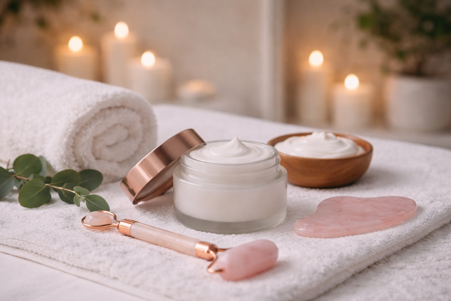 Produtos utilizados na massagem facial com creme hidratante e acessórios em ambiente de estética em Belo Horizonte