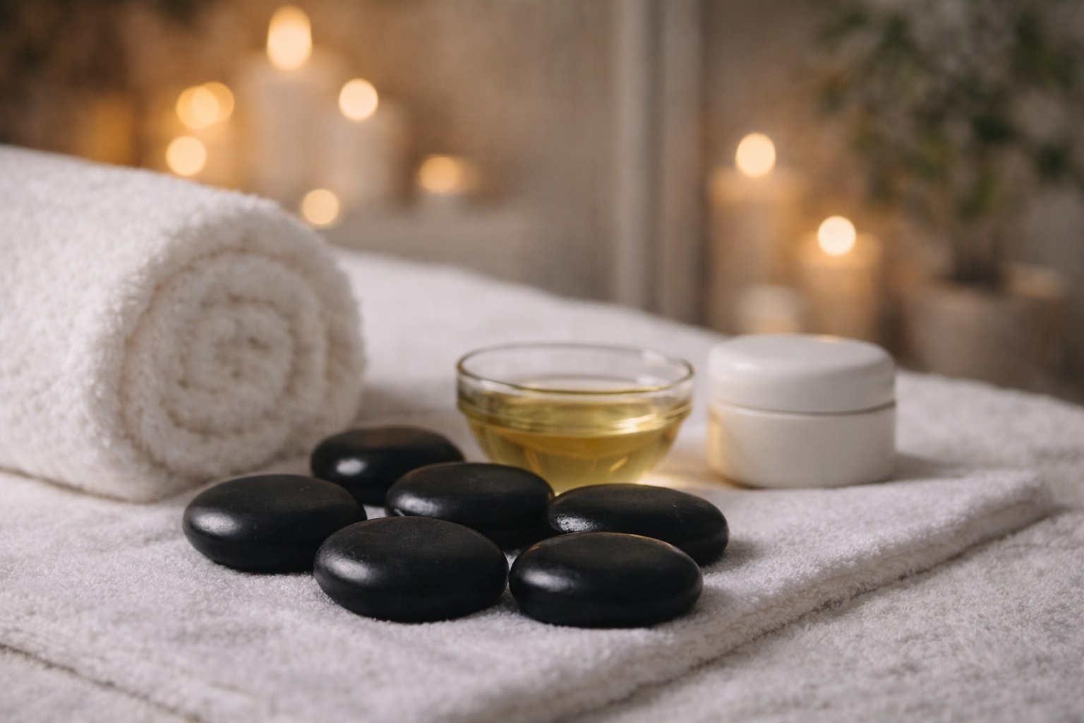 Pedras quentes e óleo de massagem organizados em ambiente de spa em Belo Horizonte
