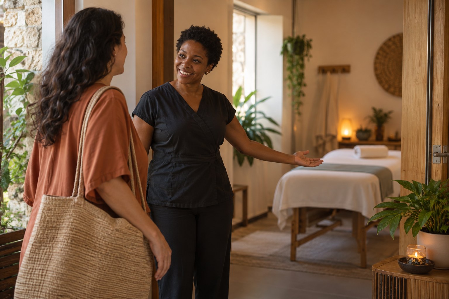 Cliente sendo recebida para atendimento de massagem no Oásis Corporal em Belo Horizonte